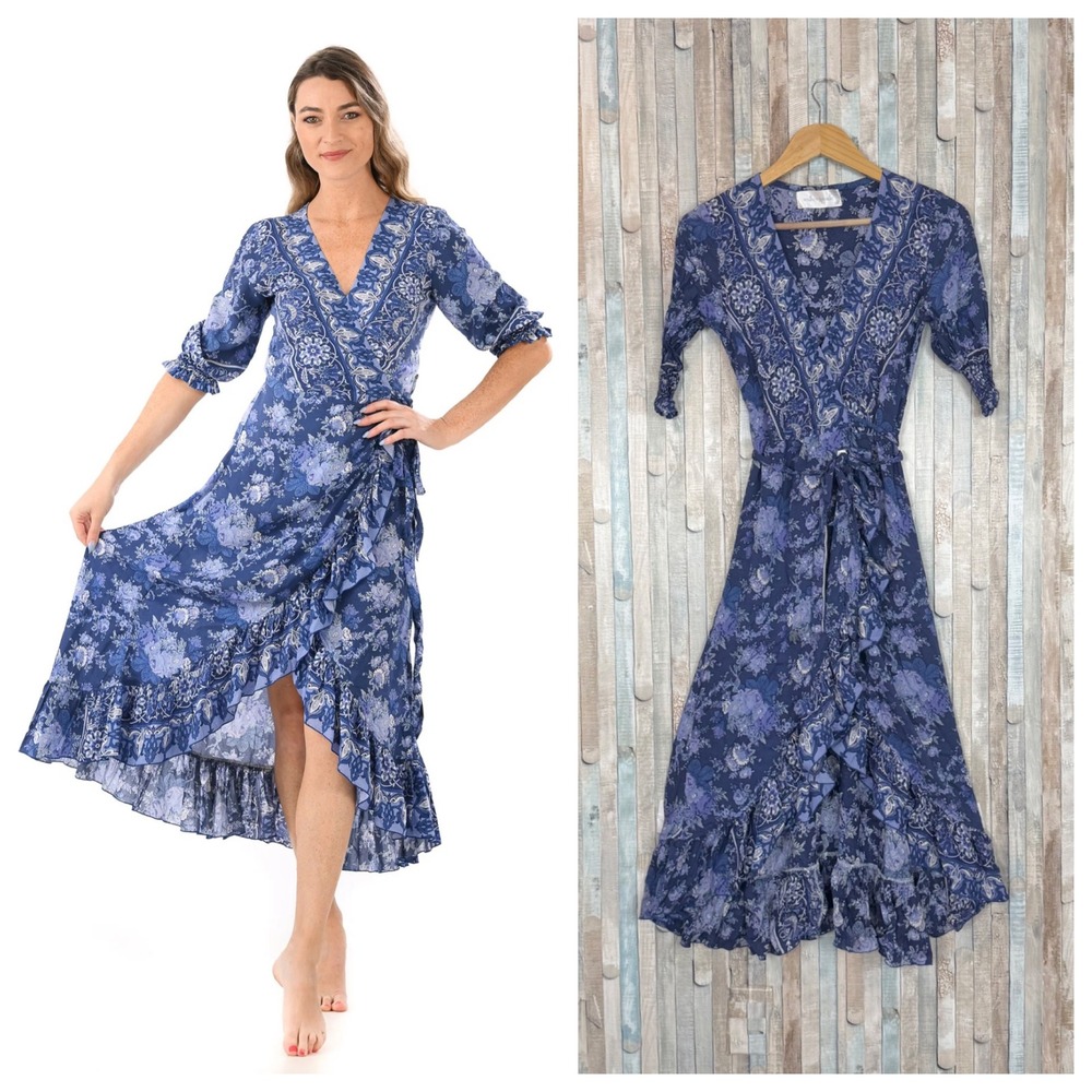 Walker & Wade XS Floral Paisley Napa‎ Midi Wrap Dress Ruffle English Blue Boho